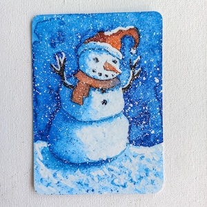 Peinture originale ACEO : "Bonhomme de neige en rouge"