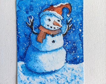 ACEO Original Watercolor Winter Painting on Paper | Homedecor | Christmas decor | Collector's art | Wall art | Small art: "Snowman in red"