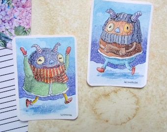 Cute Winter Monster ACEO Pair: Hand-Painted Watercolor mini-art | Handmade | Homedecor | Wall art | Collector's art