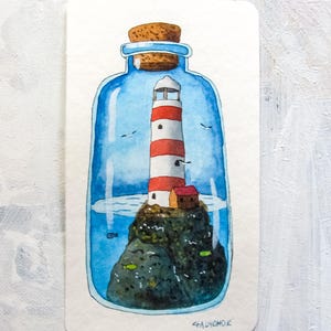 Illustration originale à l'aquarelle : « Phare dans une bouteille »