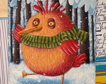 Original Whimsical Oil Painting – “Winter Bird on a Stroll” – 30×25 cm | Homedecor | Wall art | Handmade | Winter art