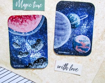 Set of 2 Original ACEO Cards – “Asteroid Waltz” & “Galactic Dreams” – Acrylic Space Art on Paper, Varnished
