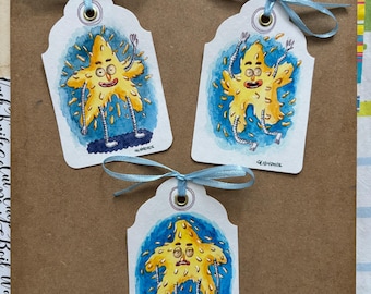 Hand-Painted Watercolor Gift Tags – Original Art Set of 3 | Star | Gift | Handmade