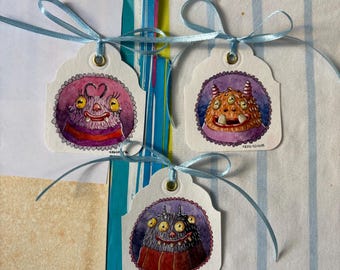Original Watercolor Gift Tags Set – Cute Monster Illustrations | Hand Painted Art Tags | Whimsical Gift Decor