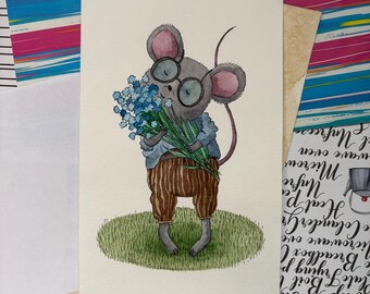Original Aquarell auf Papier | Wohndekor | Wanddekor | Handgefertigt | Skurril | Tier: "Blumen für die Maus"