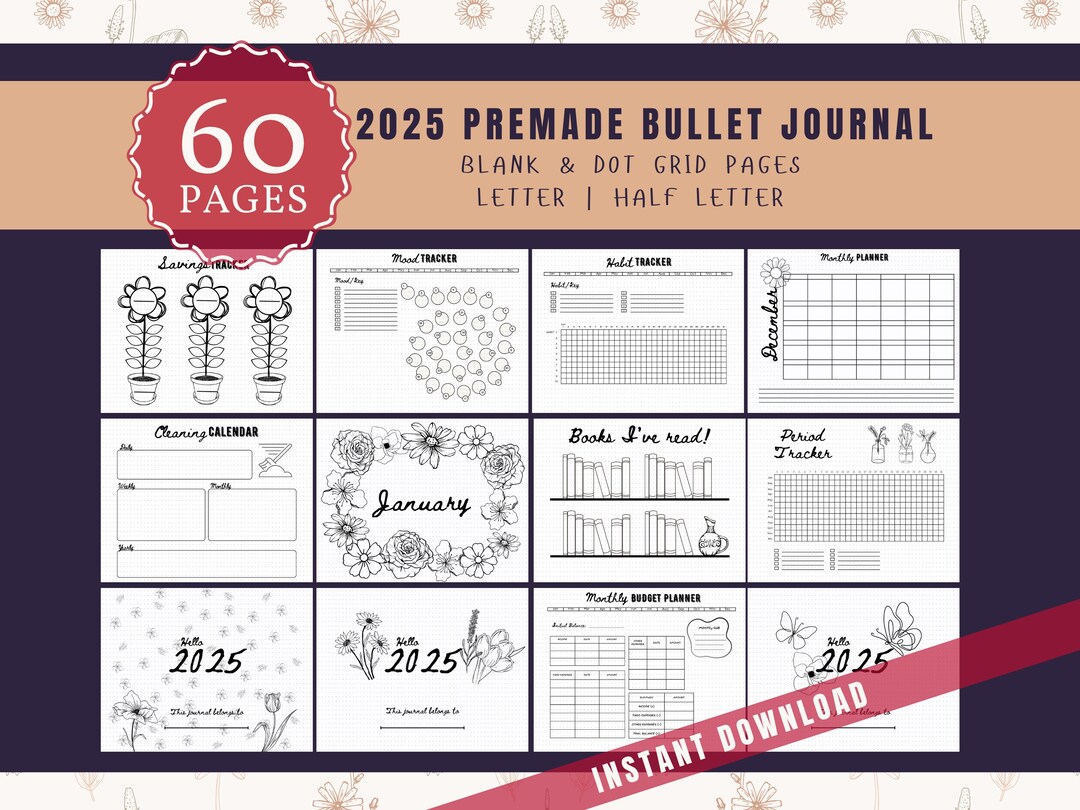 2025 Bullet Journal Planner Printable Bullet Journal Pages Yearly ...