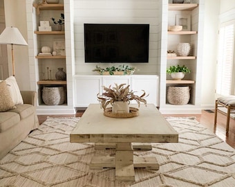 Ivory Geometric Area Rug, Handwoven Cotton Blend, Farmhouse Decor