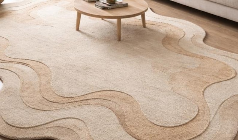Hand-tufted Wavy Beige Wool Cotton Rug – Modern Neutral Textured Carpet ...