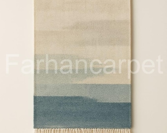 Tapiz de lana tejido a mano para colgar en la pared / Degradado beige y azul, con flecos, ideal para sala de estar y dormitorio.