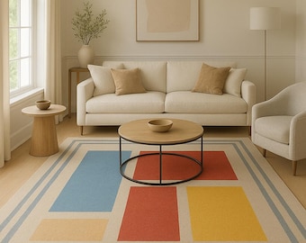 Modern Geometric Wool Rug | Color Block Hand Tufted Carpet