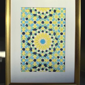 Acquerello originale raffigurante la geometria islamica ispirata all'Alhambra.  Arte fatta a mano
