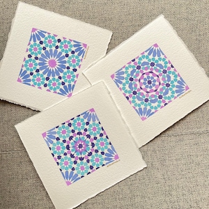 Pacchetto 3 - Acquerello originale di geometria islamica ispirato all'Alhambra.  Miniatura fatta a mano