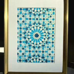 Acquerello originale raffigurante la geometria islamica ispirata all'Alhambra.  Arte fatta a mano