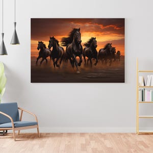 7 Pferde Vastu Wandkunst, Laufende Pferde Leinwand, Sonnenuntergang spirituelle Wohndekoration, Motivierendes Pferd (24 Zoll x 36 Zoll)