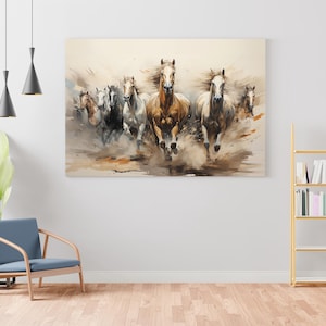 Abstrakte Wandkunst mit 7 laufenden Pferden –rnes Pferdedekor auf Leinwand – Kräftiger, energiegeladener Akzent für das Zuhause (61 x 91 cm)