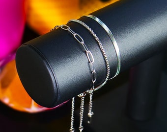 Bracelet for women ,set 3pc Silver bracelet Waterproof, Non fading ,tarnish resistant. Minimalist. Cable Chain, Snake Chain, Beaded Bracelet