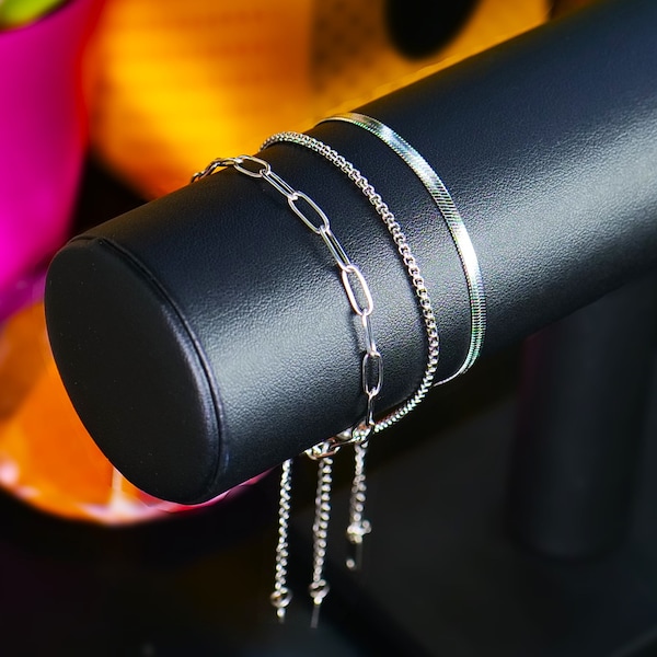 Armband für Damen, 3-teiliges Silberarmband, wasserfest, lichtecht, anlaufgeschützt. Minimalistisch. Kabelkette, Schlangenkette, Perlenarmband