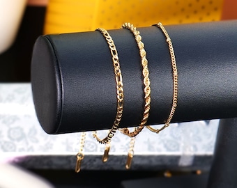 Armband voor dames, 14 kt, set 3-delige armbanden 14 kt verguld, waterdicht, aanslagbestendig gedraaide kabelketting, slangenketting, kralenarmband