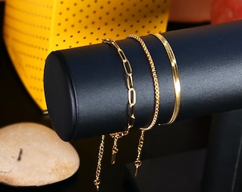 Armband voor dames, 14 kt, set 3-delige armbanden 14 kt verguld, waterdicht, aanslagbestendige gedraaide ketting, slangenketting, kralenarmband