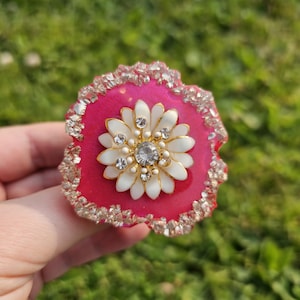 Handmade round phone grip, Raspberry Red, attached to Black Base