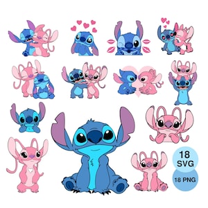 Puede incluir: Colección de gráficos de dibujos animados con los personajes Stitch y Angel. Las imágenes muestran a los personajes azules y rosas en varias poses, con corazones y besos. Ideal para arte digital o manualidades.