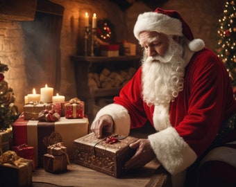 Kind Santa Claus with gifts will be perfect for your Christmas dinner or a wonderful gift for your family and friends. PNG 2300x4800 px.