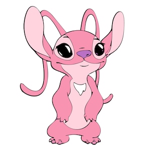 May include: A cartoon illustration of a pink alien-like creature with large black eyes, long ears, and a purple nose. The creature has a white heart-shaped patch on its chest and is standing on two legs.