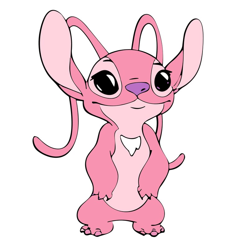 May include: A cartoon illustration of a pink alien-like creature with large black eyes, long ears, and a purple nose. The creature has a white heart-shaped patch on its chest and is standing on two legs.