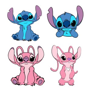 May include: Four cartoon character illustrations. Two blue creatures with large ears and black eyes, and two pink creatures with similar features. All are sitting or standing with a white background.