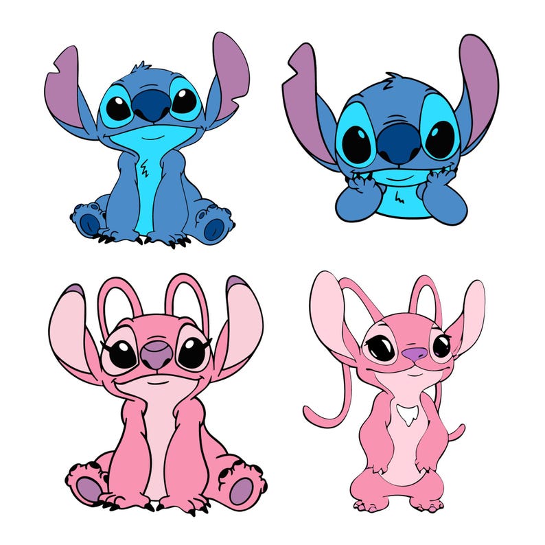 May include: Four cartoon character illustrations. Two blue creatures with large ears and black eyes, and two pink creatures with similar features. All are sitting or standing with a white background.