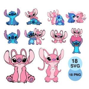 May include: A collection of cartoon character illustrations. The characters are in various poses, with blue and pink color schemes. The image includes the text "18 SVG" and "18 PNG" in a blue circle.