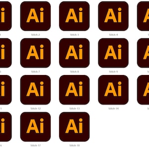 May include: A collection of 18 square icons featuring the letters "Ai" in a gold color, set against a dark brown background. Each icon is labeled with "Stitch" followed by a number, ranging from 1 to 18.
