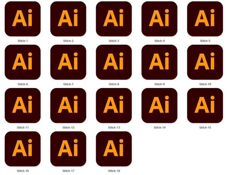 May include: A collection of 18 square icons featuring the letters "Ai" in a gold color, set against a dark brown background. Each icon is labeled with "Stitch" followed by a number, ranging from 1 to 18.