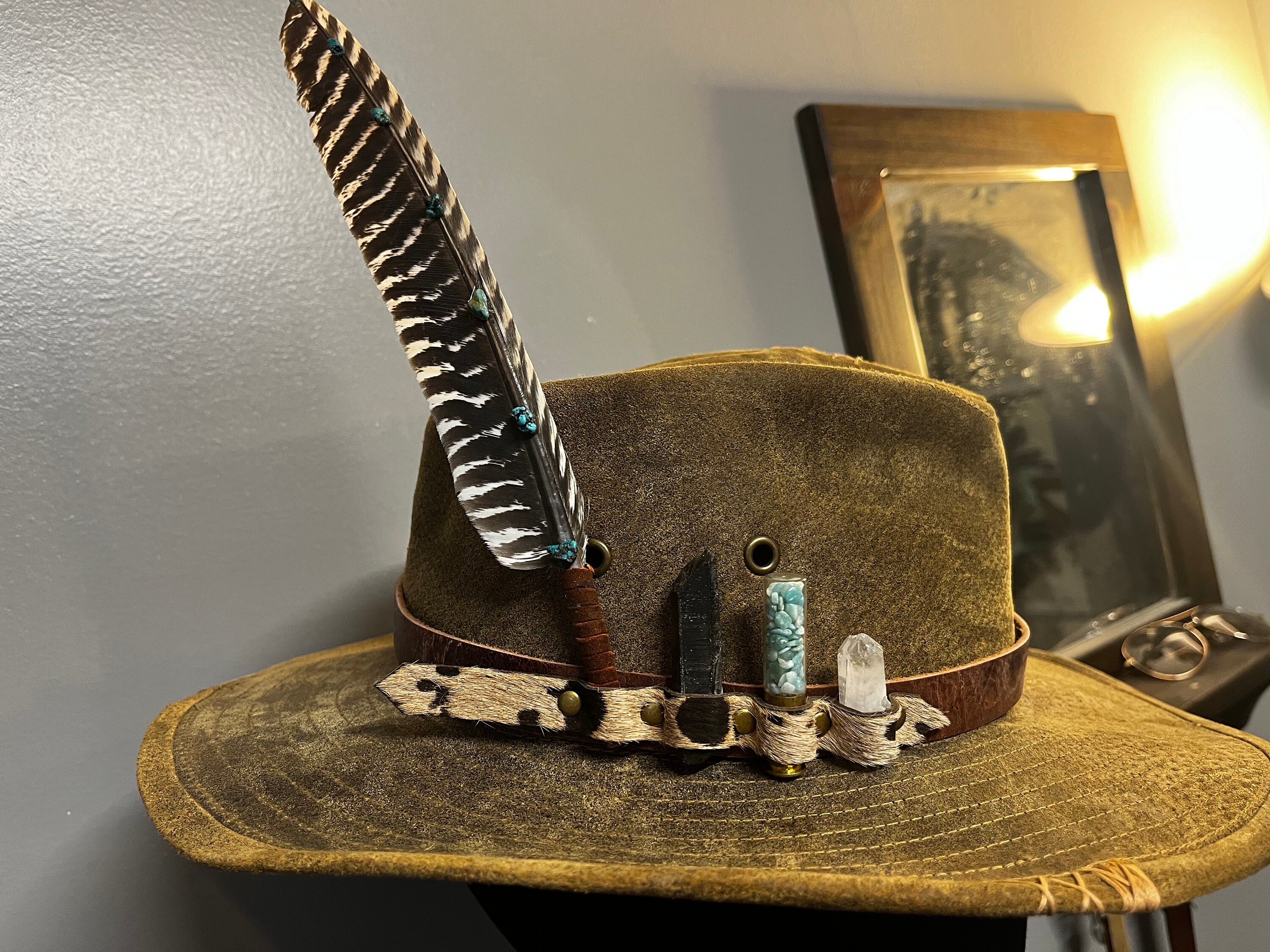 Leather Hat Band With Cow Hair, Feather and Crystals - Etsy display picture 3