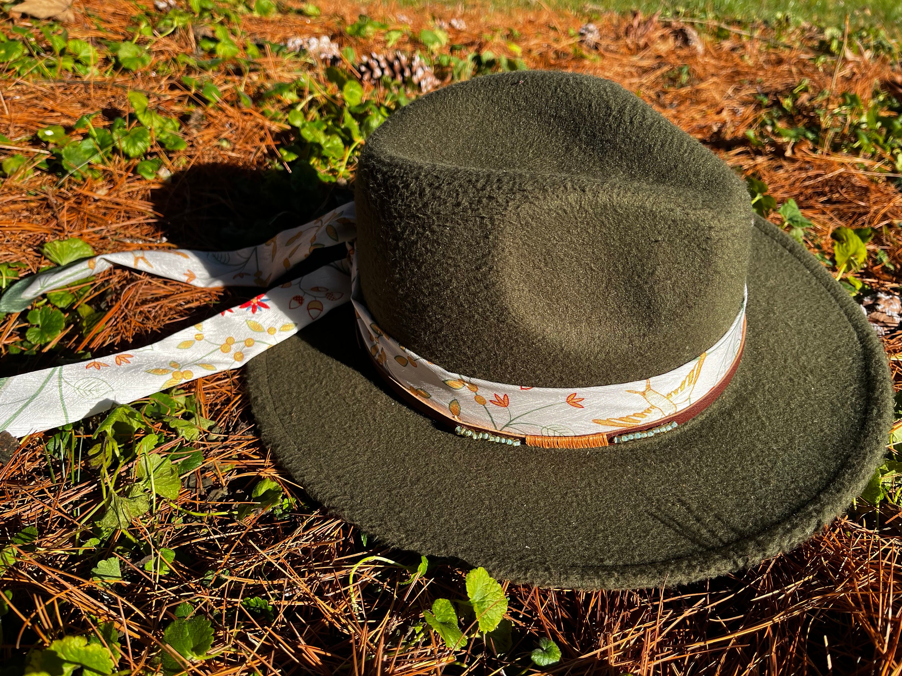 Brown Fedora Hat with Floral Band and Bandana HATB43 - Floral Tooled Hat Band - Double J Saddlery main image 2