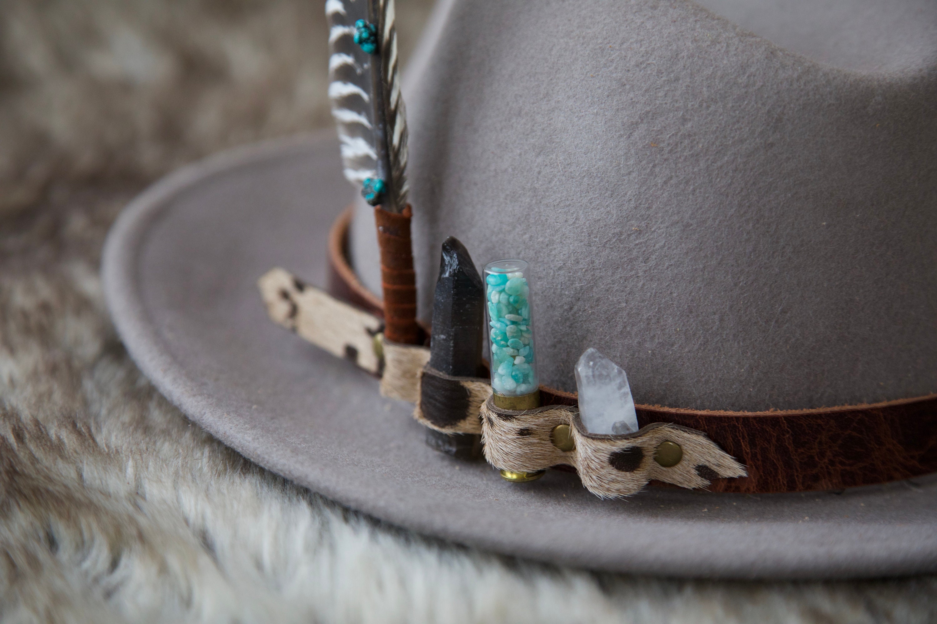 Leather Hat Band With Cow Hair, Feather and Crystals - Etsy display picture 1