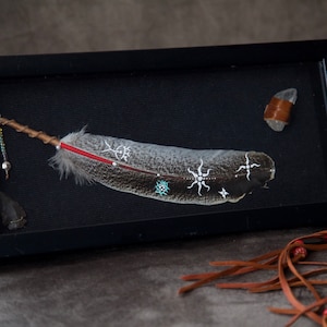 May include: A framed feather with a red stripe and white star designs. The feather is displayed with other natural elements, including a small stone and a piece of leather.