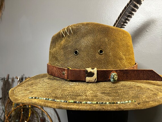 Leather Hat Band With Cow Hair, Feather and Crystals - Etsy