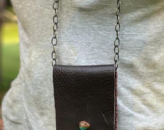 Leather medicine bag made with genuine leather, turquoise and beaded fringe