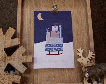 Carte de voeux minimaliste | Noël, fêtes, nouvel an | Traineau de cadeaux | format 10x15cm avec enveloppe