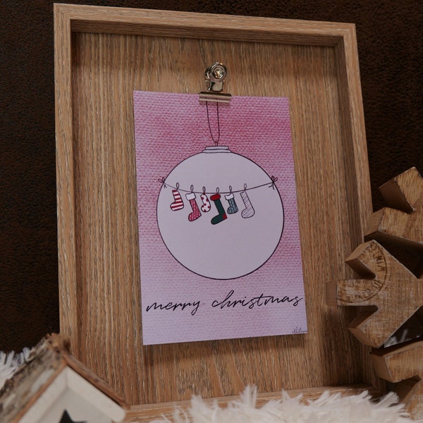 Carte de voeux minimaliste | Noël, fêtes, nouvel an | boule de Noël et sa guirlande de chaussettes | format 10x15cm avec enveloppe