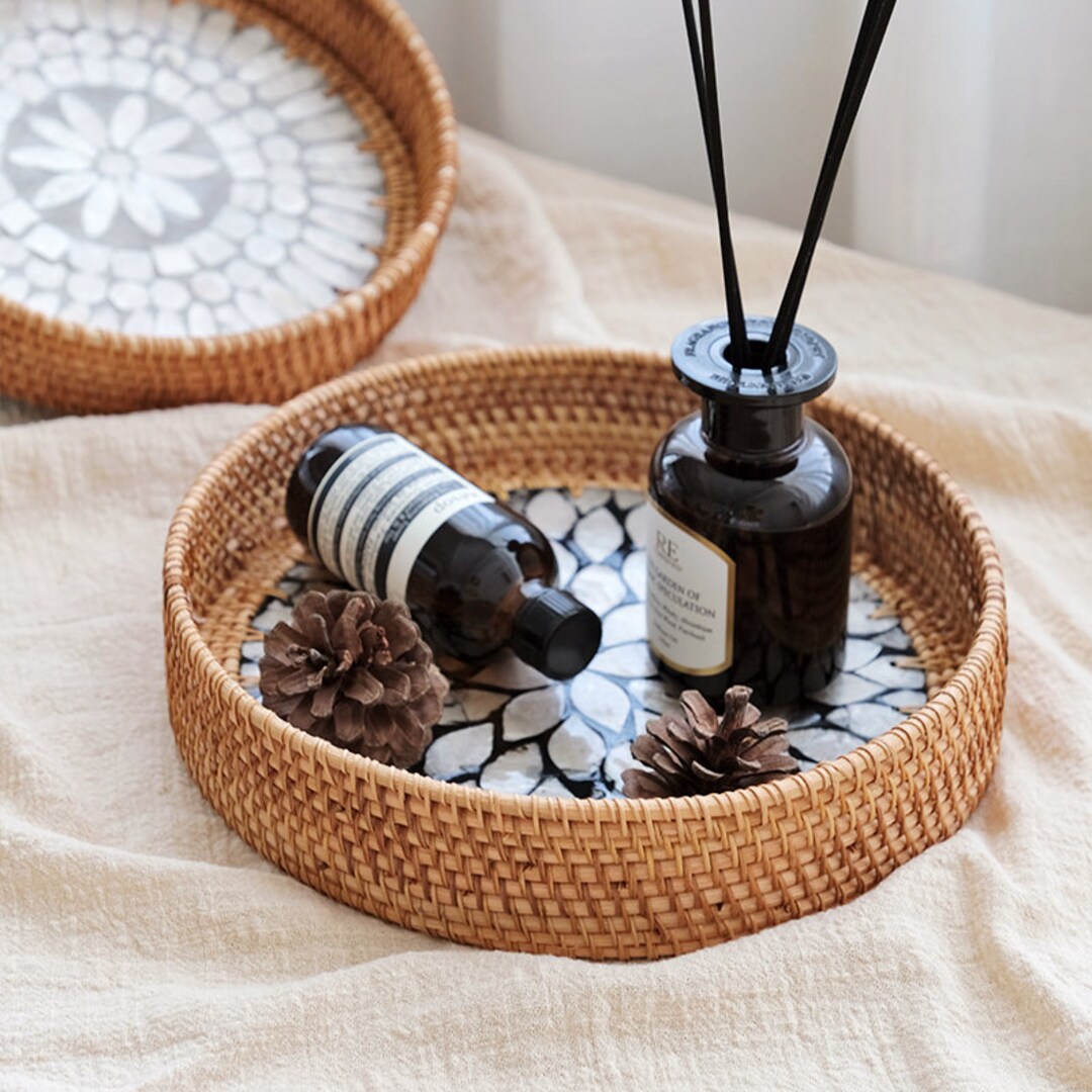 Round Chic Rattan Tray With Mosaic Detail Boho Handcrafted - Etsy