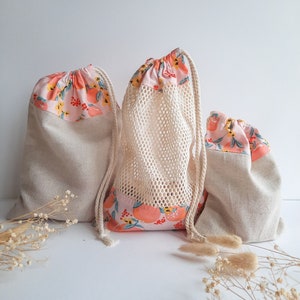 Sac Vrac Lin et Coton Lavable et Réutilisable, grand ou petit, motif pêche rose