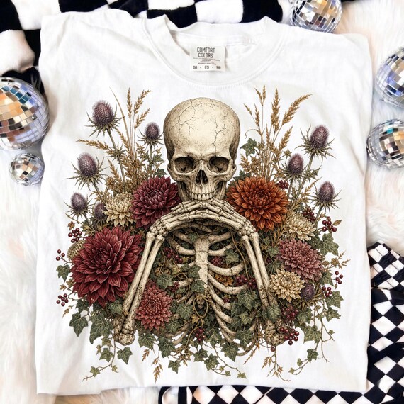 Floral Skeleton PNG, Botanical Skull Sublimation Design, Dark Academia Dahlia Thistle Clipart, Gothic Halloween Digital Download