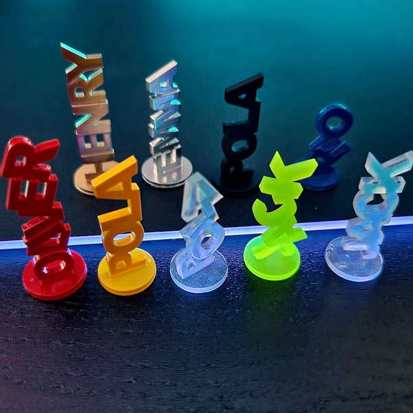 Personalized game pawns made of high-quality resin. Your name and color, great gift idea, customizable game elements.