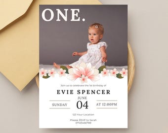 Girl 1st Birthday Photo Invitation • Printable Floral First Birthday Invite • Editable Pink Flower Template, Digital One Year Old Party Card