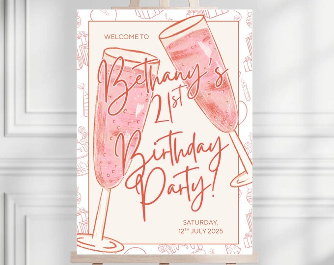Pink 21st Birthday Welcome Sign, Printable Party Sign, Editable 21st ...