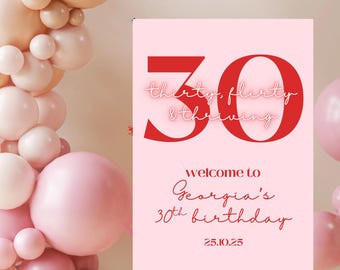 Editable Thirty Flirty & Thriving 30th Birthday Sign | Pink Red Printable Party Welcome Sign | A4 A3 Canva Template | 30th Party Decor