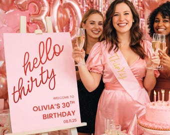 Pink & Red 30th Birthday Welcome Sign | Hello Thirty Printable Party Decoration | Editable A4 A3 Template