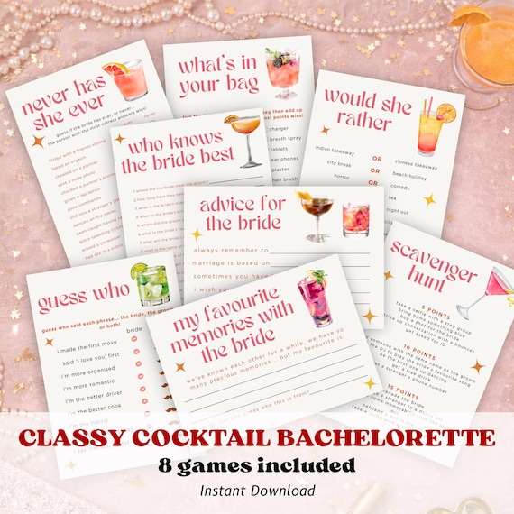 Classy Cocktail Bachelorette Games Printable Bundle, Hen Party Game Cards 5x7, Elegant Bridal Shower Party Activities